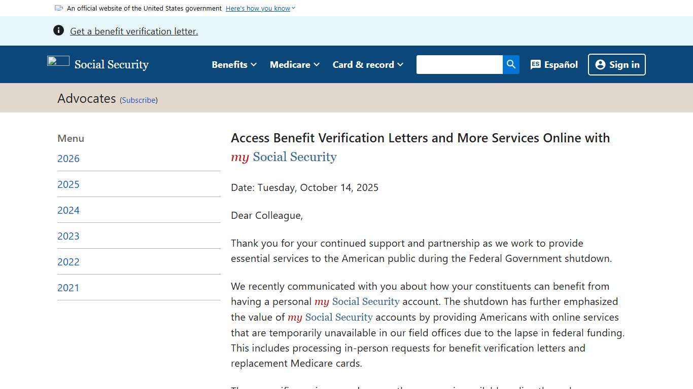 Access Benefit Verification Letters and More Services Online with my Social Security News SSA